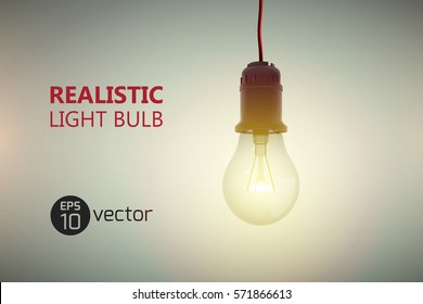 Realistic glow bulb background with luminant lens end lamp hanging on wire with editable text on gradient background vector illustration