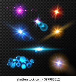 Realistic glow light effects. Lens flare set. Realistic glowing sparkles particles effects on dark transparent grid. Shine flare. Flare effect