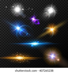 Realistic glow light effects. Lens flare set. Realistic glowing sparkles particles effects on dark transparent grid.