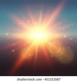 Realistic glow spring sunshine at sunrise or sunset with lens flares beams and particles vector illustration  