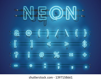 Realistic glowing blue neon charcter set