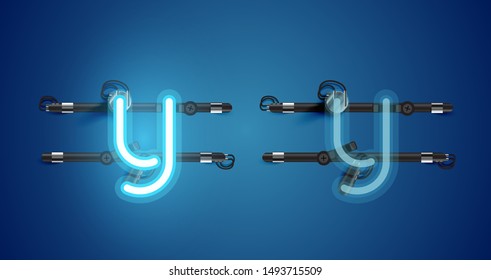 Realistic glowing blue neon charcter on and off