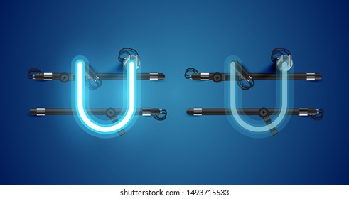 Realistic glowing blue neon charcter on and off