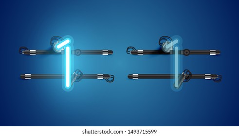 Realistic glowing blue neon charcter on and off