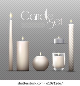 Realistic glowing candles set of different shapes and sizes on transparent background isolated vector illustration