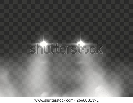 Realistic glowing car headlight shining through night fog isolated on dark background perfect for transport design lighting effects and moody auto illustrations.