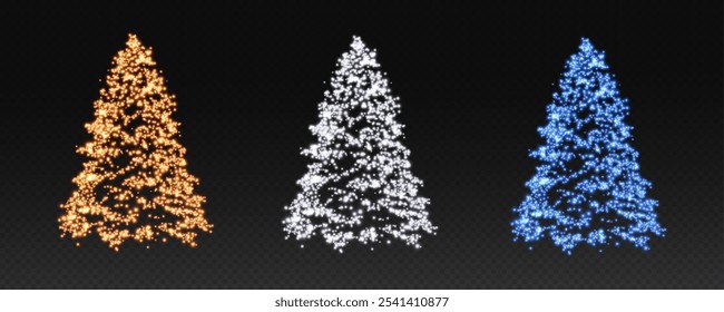  Árvores de Natal realistas e brilhantes. Luzes cintilantes em forma de árvore de Natal com partículas brilhantes. Desenho mágico para a festa de Natal, png.