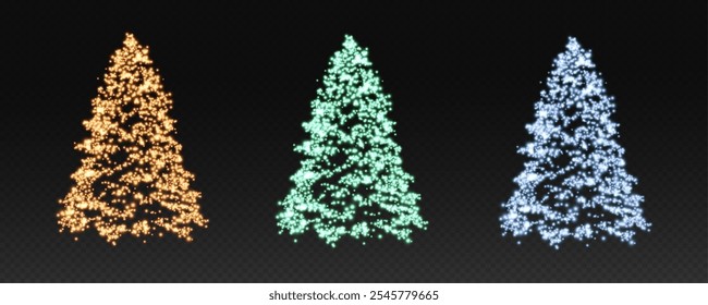 Realistic glowing Christmas trees. Sparkling lights in the form of a Christmas tree with bright shiny particles. Magical design for Christmas party, png.