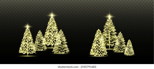 Realistic glowing Christmas trees. Sparkling lights in the form of a Christmas tree with bright shiny particles. Magical design for Christmas party, png.