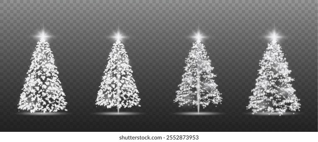 Realistic glowing Christmas trees. Sparkling lights in the form of a Christmas tree with bright shiny particles. Magical design for Christmas party, png.