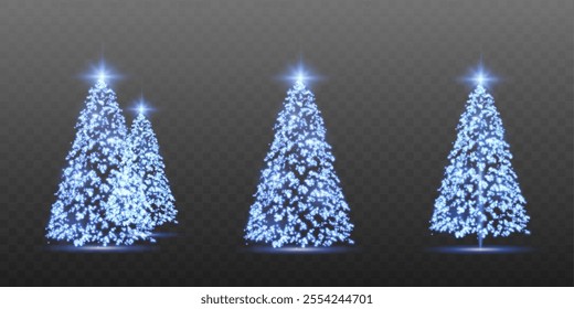 Realistic glowing Christmas trees. Sparkling lights in the form of a Christmas tree with bright shiny particles. Magical design for Christmas party, png.