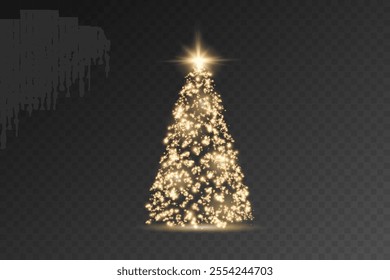 Realistic glowing Christmas trees. Sparkling lights in the form of a Christmas tree with bright shiny particles. Magical design for Christmas party, png.