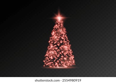 Realistic glowing Christmas trees. Sparkling lights in the form of a Christmas tree with bright shiny particles. Magical design for Christmas party, png.