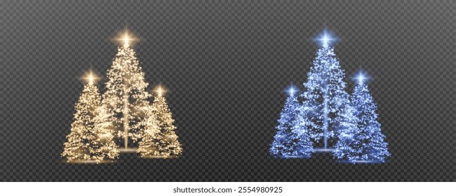 Realistic glowing Christmas trees. Sparkling lights in the form of a Christmas tree with bright shiny particles. Magical design for Christmas party, png.