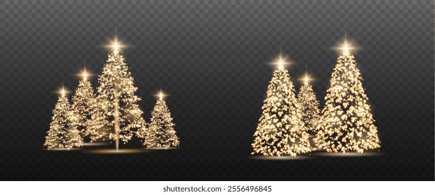 Realistic glowing Christmas trees. Sparkling lights in the form of a Christmas tree with bright shiny particles. Magical design for Christmas party, png.