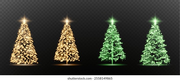 Realistic glowing Christmas trees. Sparkling lights in the form of a Christmas tree with bright shiny particles. Magical design for Christmas party, png.