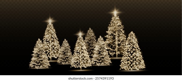 Realistic glowing Christmas trees. Sparkling lights in the form of a Christmas tree with bright shiny particles. Magical design for Christmas party, png.