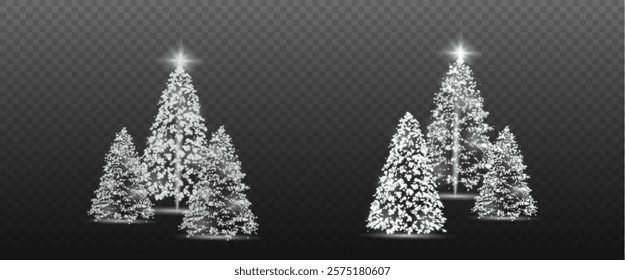 Realistic glowing Christmas trees. Sparkling lights in the form of a Christmas tree with bright shiny particles. Magical design for Christmas party, png.