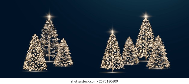 Realistic glowing Christmas trees. Sparkling lights in the form of a Christmas tree with bright shiny particles. Magical design for Christmas party, png.
