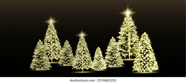 Realistic glowing Christmas trees. Sparkling lights in the form of a Christmas tree with bright shiny particles. Magical design for Christmas party, png.