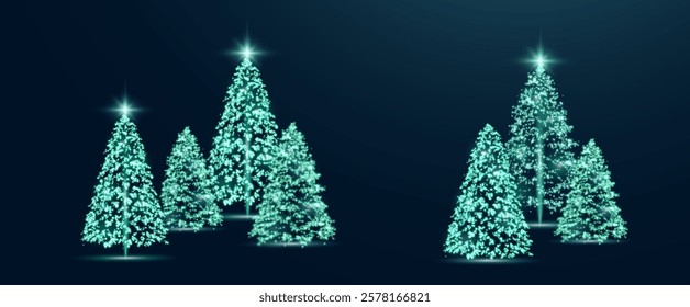 Realistic glowing Christmas trees. Sparkling lights in the form of a Christmas tree with bright shiny particles. Magical design for Christmas party, png.
