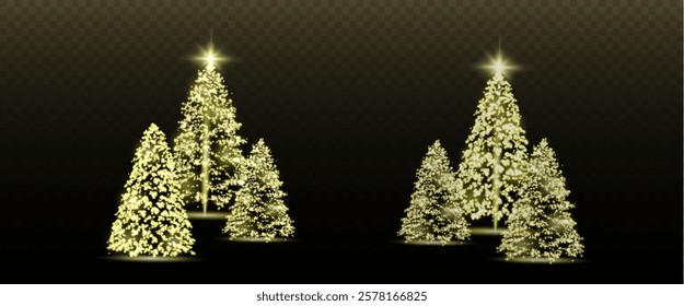 Realistic glowing Christmas trees. Sparkling lights in the form of a Christmas tree with bright shiny particles. Magical design for Christmas party, png.