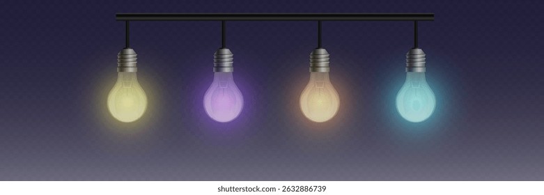 Realistic glowing colorful lights and light bulbs. On a transparent background.