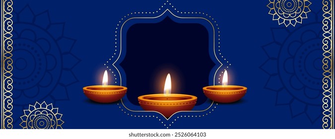 realistic glowing diwali diya blue banner with text space vector