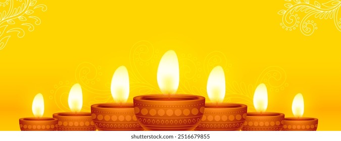 realistic glowing diwali diya yellow banner with text space vector