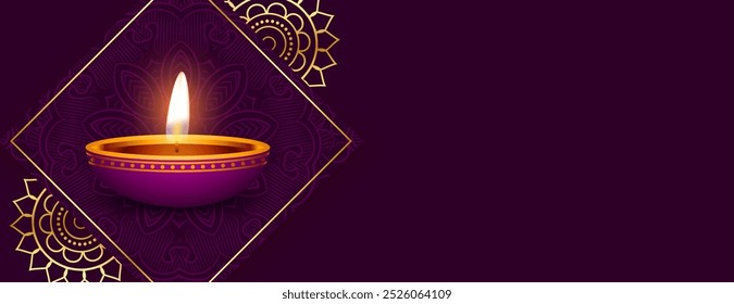 realistic glowing diya diwali wishes purple banner with text space vector