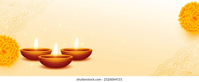 realistic glowing diya diwali wishes banner with text space vector