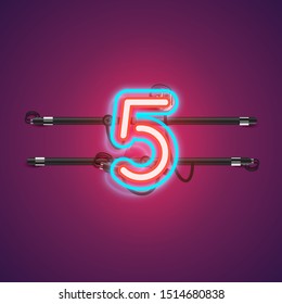 Realistic glowing double '5' neon charcter from a fontset, vector illustration