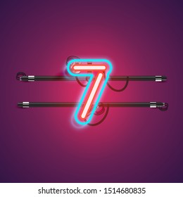Realistic glowing double '7' neon charcter from a fontset, vector illustration