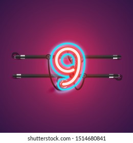 Realistic glowing double '9' neon charcter from a fontset, vector illustration