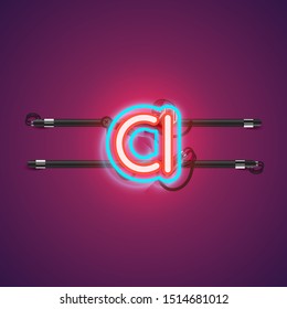 Realistic glowing double 'a' neon charcter from a fontset, vector illustration