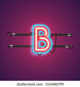 Realistic glowing double 'B' neon charcter from a fontset, vector illustration