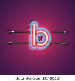 Realistic glowing double 'b' neon charcter from a fontset, vector illustration