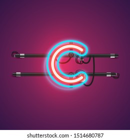 Realistic glowing double 'C' neon charcter from a fontset, vector illustration