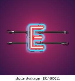 Realistic glowing double 'E' neon charcter from a fontset, vector illustration