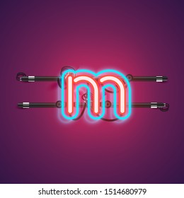 Realistic glowing double 'm' neon charcter from a fontset, vector illustration