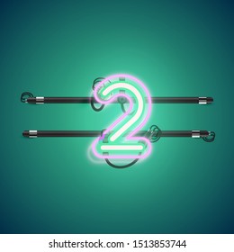 Realistic glowing double neon '2' charcter from a fontset, vector illustration