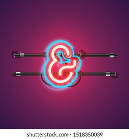 Realistic glowing double neon 'ampersand' charcter from a fontset with console, vector illustration