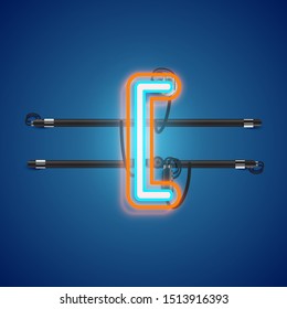 Realistic glowing double neon bracket charcter from a fontset, vector illustration