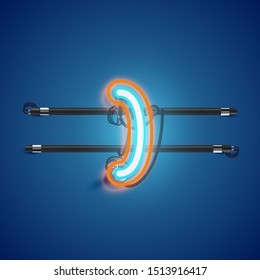 Realistic glowing double neon 'bracket' charcter from a fontset, vector illustration