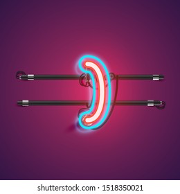 Realistic glowing double neon 'bracket' charcter from a fontset with console, vector illustration