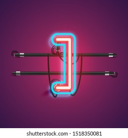 Realistic glowing double neon 'bracket' charcter from a fontset with console, vector illustration