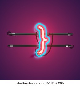 Realistic glowing double neon 'bracket' charcter from a fontset with console, vector illustration