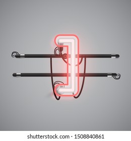 Realistic glowing double neon charcter from a fontset, vector illustration