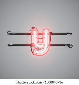 Realistic glowing double neon charcter from a fontset, vector illustration