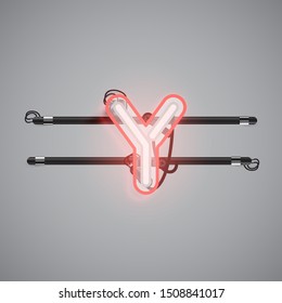 Realistic glowing double neon charcter from a fontset, vector illustration